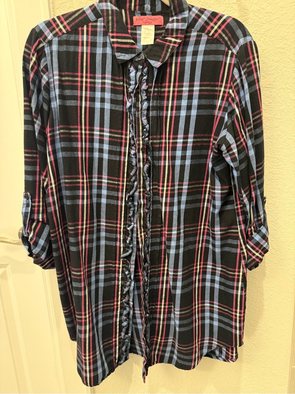 Betsey Johnson Black Plaid Shirt with Blue & Pink Stripes